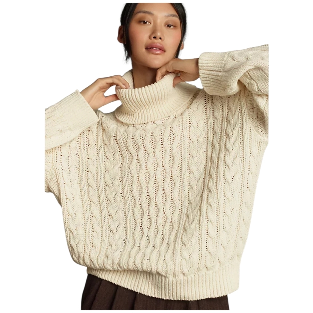 Pilcro Anthropologie Oversized Turtleneck Cable Knit Fisherman Style Cream Sweat